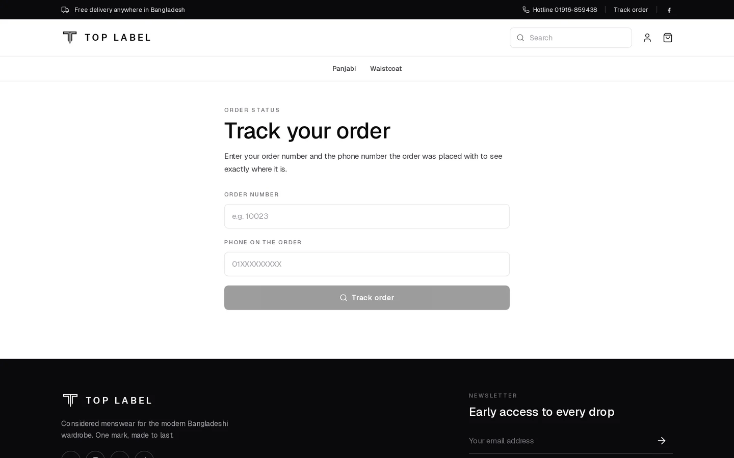 TOP LABEL — Order tracking — status only, never name or address