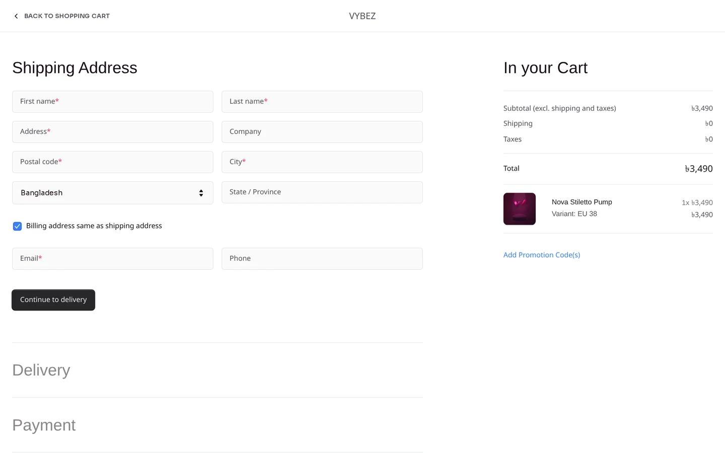 VYBEZ demo — Cash-on-Delivery checkout