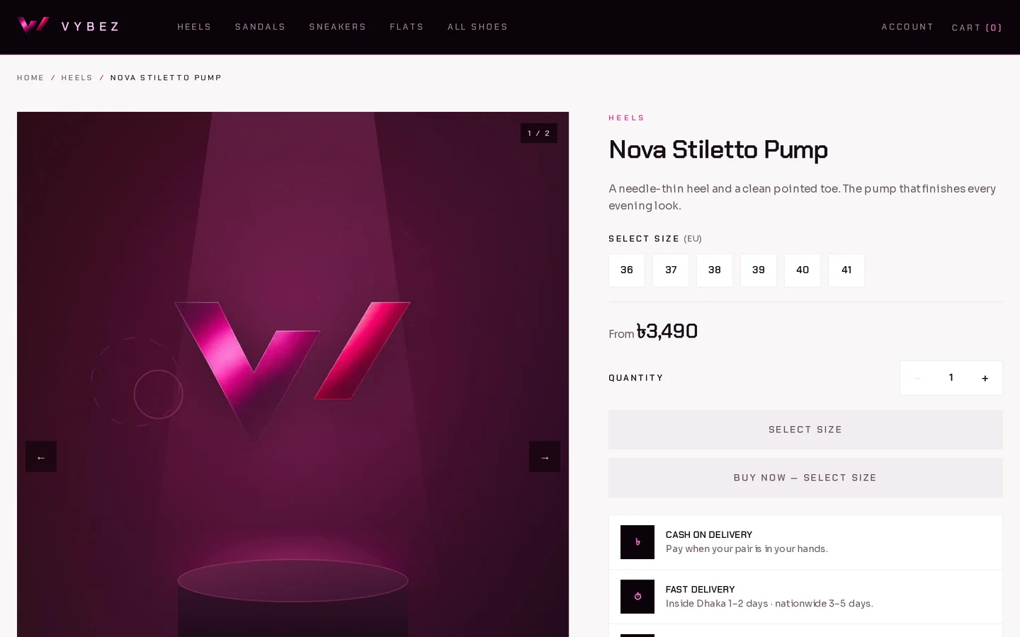 VYBEZ demo — Product page — EU size run, quantity and Cash on Delivery. Placeholder imagery