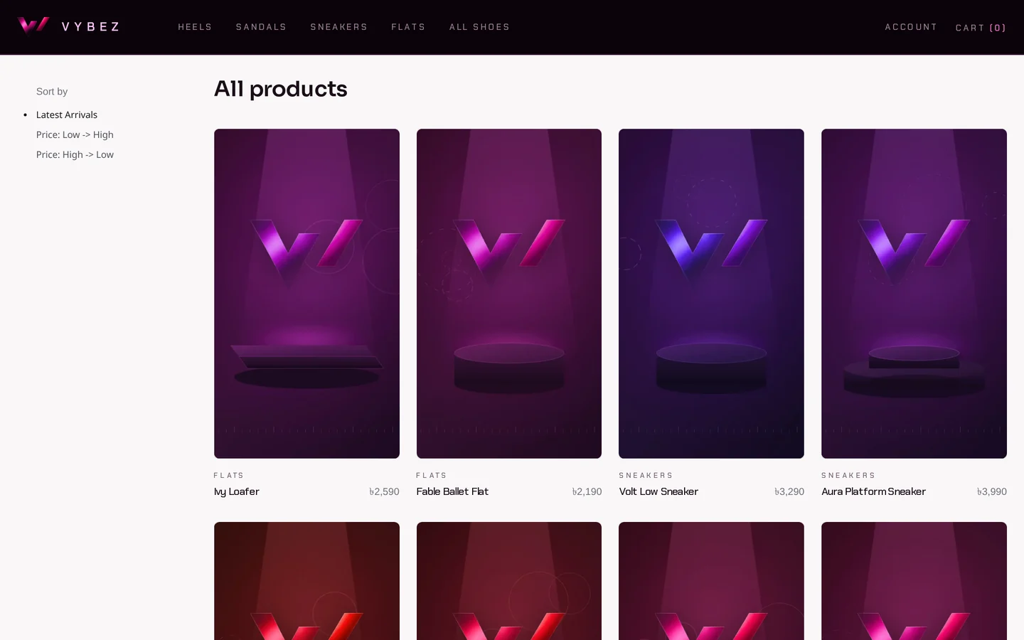 VYBEZ demo — Catalogue. Product imagery is placeholder art pending the brand's photography
